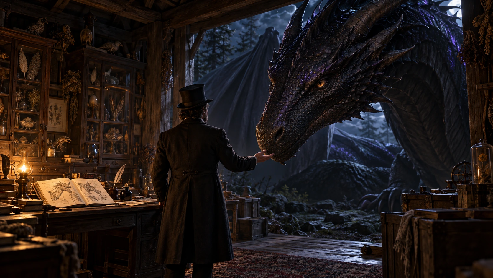 Dans une cabane de zoologiste éclairée par une lampe, un magicien victorien tend la main vers un immense dragon aux reflets violets.